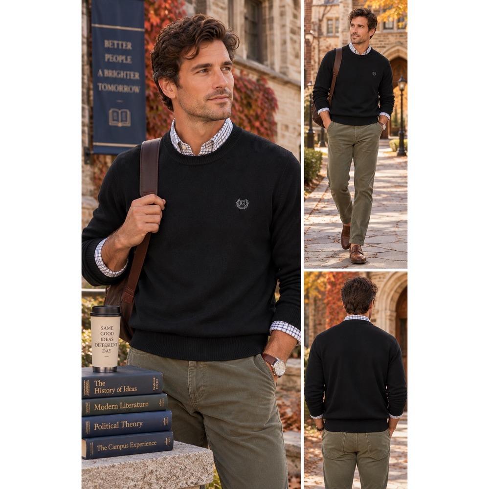 CHAPS Men's Black 100% Cotton Crewneck Sweater Size M Classic Preppy